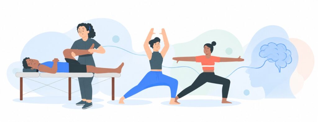 Fisioterapia e saúde mental sessão de Fisioterapia, exercício e cérebro, ilustrando a ligação entre corpo e mente