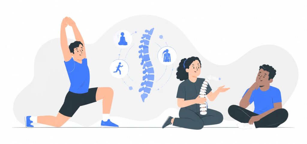 Ilustração sobre Fisioterapia e saúde da coluna vertebral exercício, terapia manual e educação do paciente
